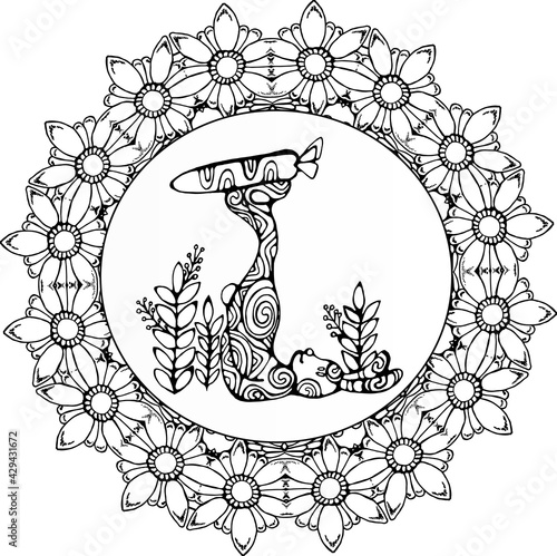 The rabbit is in a yoga pose with a carrot. Flower mandala.