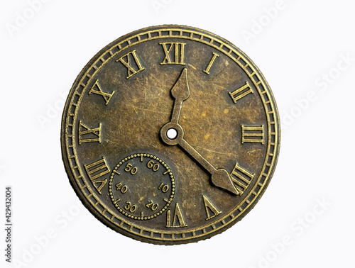 Steampunk style copper clock on a white background.