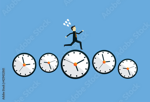 Businessman run on clock that shows multiple periods of time