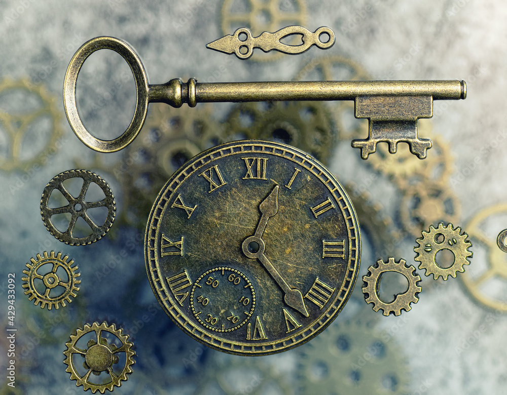Naklejka premium Steampunk clock and key with gears and cogs.