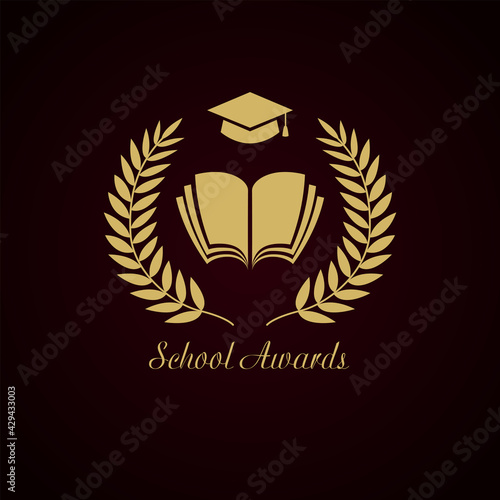 Educational awards logotype concept. Gold wreath, notebook and graduating hat. Creative school prize. Isolated abstract graphic design template. Nominee stamp. Open book framed by luxurious crown palm