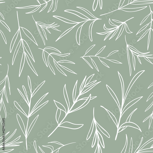 White Vector Leaves Seamless Pattern. Random Placed Plants All Over Print on Sage Green Background.