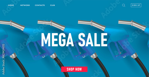 Web banner for gas station landing page with 3d illustration of gas nozzle and mega sale discounts promo, blue plastic color