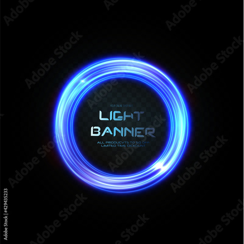 Abstract vector light neon lines swirling in a spiral. Light simulation of line movement. Light trail from the ring. Illuminated podium for promotional products.