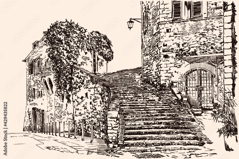 Hand sketch on a beige background. Old town street with stone stairs and brick houses.