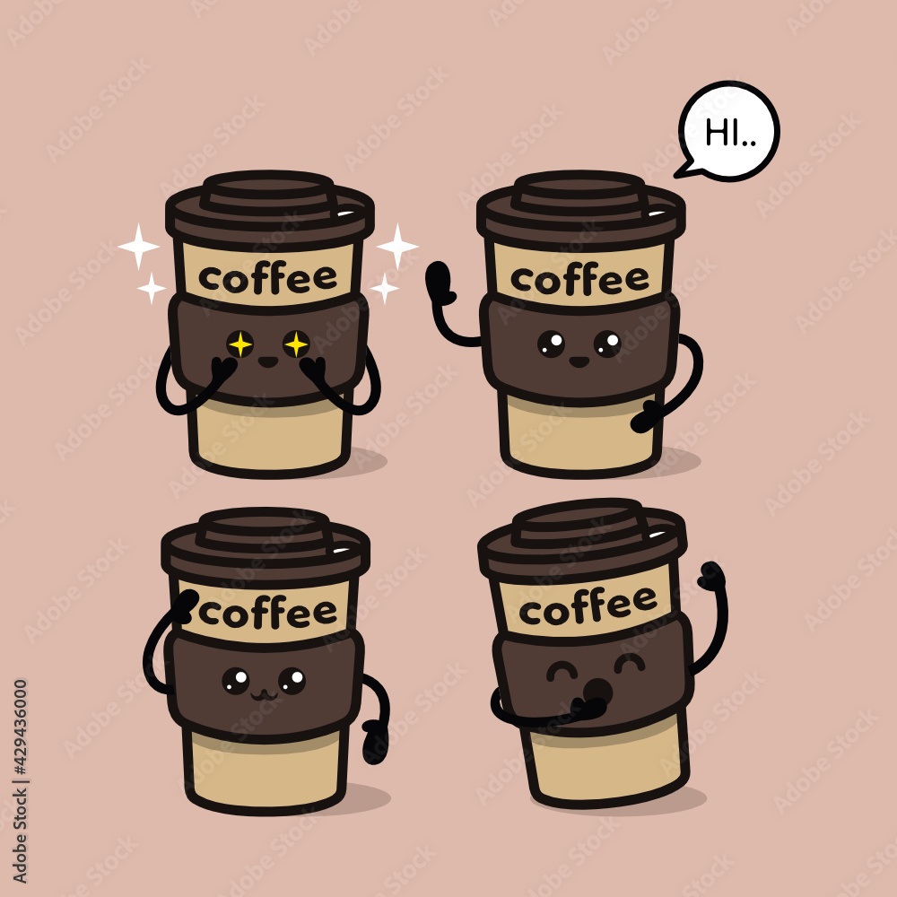 Set of kawaii cute coffee cup mascot design illustration Set of kawaii cute coffee cup mascot design illustration