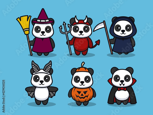 Set of Halloween themed panda mascot design illustration