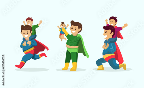 Set of Super dad concept with costume pose mascot design