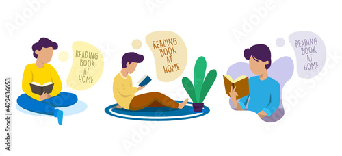 Set of self quarantine activity reading book at home concept design illustration