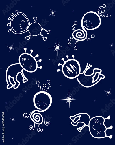 Cheerful aliens fly in the open night sky among the stars. Great character. Vector graphics