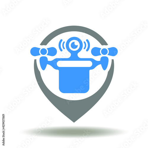Location place pointer and delivery drone vector illustration. Automation fly delivery and tracking goods service symbol.