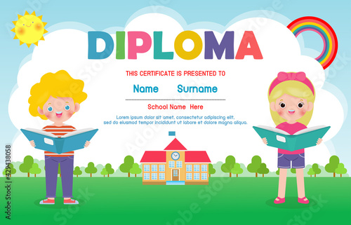 Diploma template for kids, Certificates kindergarten and elementary,  Preschool children Diploma certificate background design, Diploma template for child student isolated vector illustration
