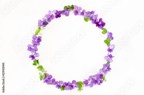 Round frame wreath made of spring wildflowers, lilac flowers and leaves isolated on white background. Top view. Flat lay