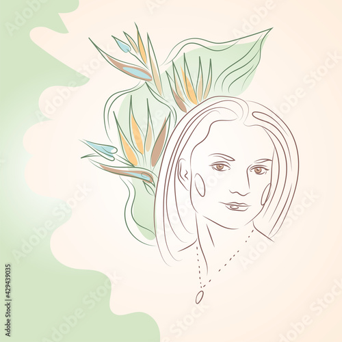 Young woman face with tropical leaves line drawing. Leaves bouquet behind the head. Minimalist hand draw artwork
