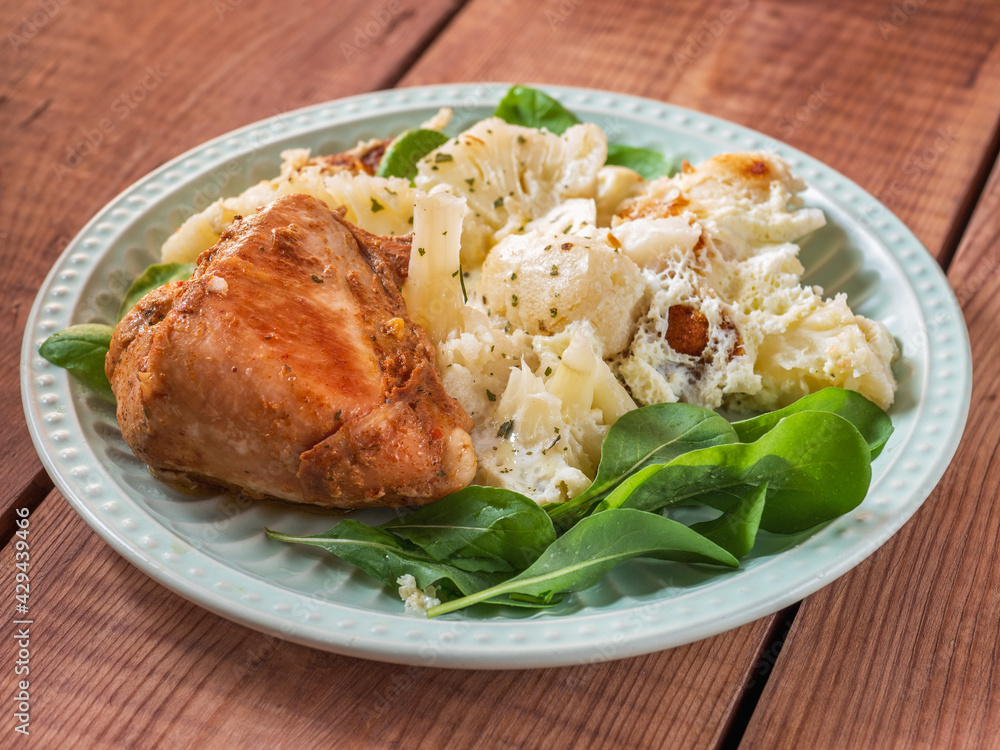 Healthy tasty food with cauliflower, eggs and baked chicken breast Healthy tasty food with cauliflower, eggs and baked chicken breast