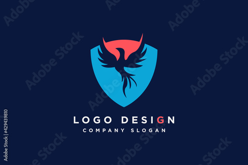 Shield logo design with phoenix vector illustration. Usable for business and technology logos,isolated on blue background