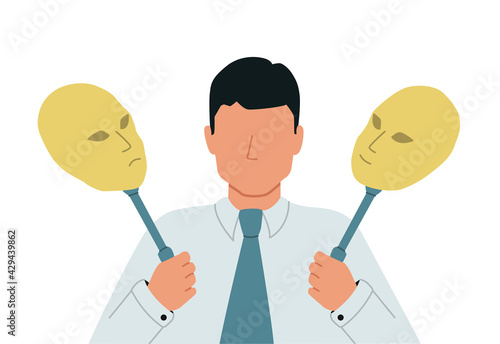 Imposter Syndrome. Split personality, dissociative identity disorder. A businessman with bipolar disorder. Vector illustration.