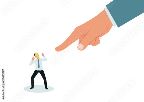 Fear of exposure. A large hand points at the impostor. Frightened businessman in a mask. Vector illustration.