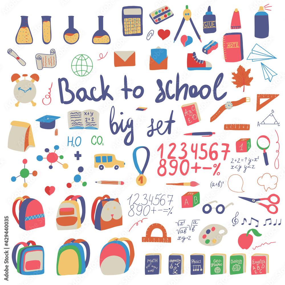 Back to school big colorful set in flat style. Cartoon hand drawn vector illustration