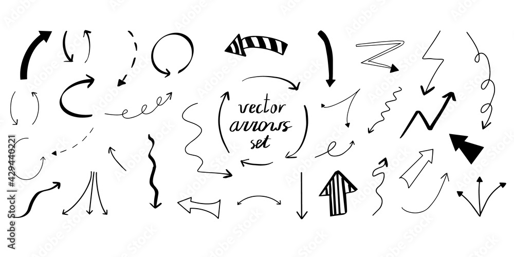 Big Doodle vector hand drawn different arrows icon set illustrations. Design elements, zig zag, wavy arrows, spiral,simple, dotted. For typography, digital use, presentations. EPS 10, isolated. Big Doodle vector hand drawn different arrows icon set illustrations. Design elements, zig zag, wavy arrows, spiral,simple, dotted. For typography, digital use, presentations. EPS 10, isolated.
