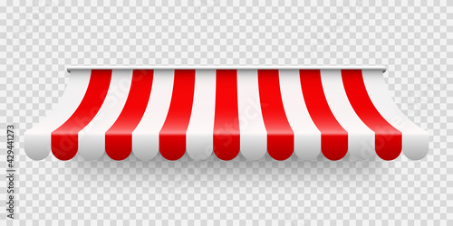 Red shop sunshade on transparent background. Realistic striped cafe awning. Outdoor market tent. Roof canopy. Summer street store. Vector illustration.