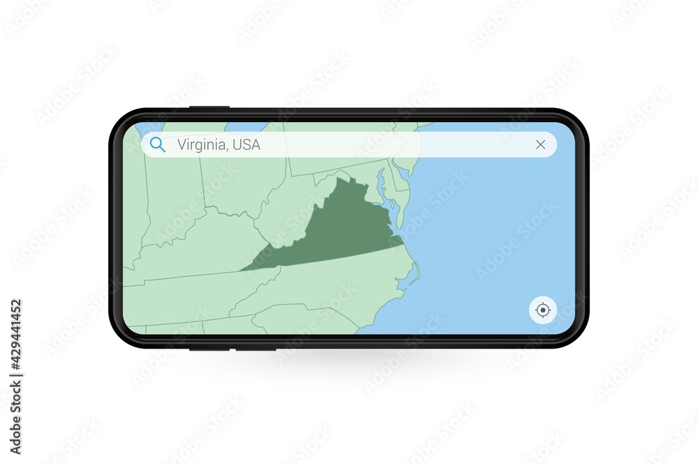 Searching map of Virginia in Smartphone map application. Map of Virginia in Cell Phone. Searching map of Virginia in Smartphone map application. Map of Virginia in Cell Phone.