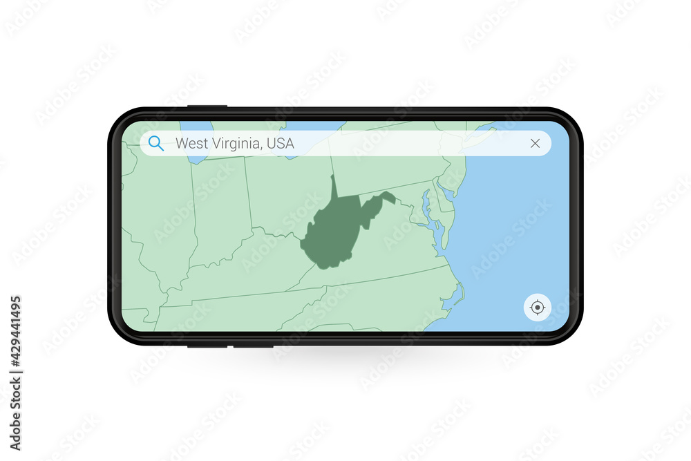 Searching map of West Virginia in Smartphone map application. Map of West Virginia in Cell Phone. Searching map of West Virginia in Smartphone map application. Map of West Virginia in Cell Phone.