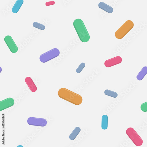 Vector seamless pattern with color pills, capsules, isolated on light background. Medical preparations. Flat design. Color illustration.
