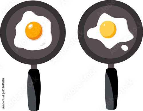 Breakfast one flat egg meal on a frying black pan. Ideal for restaurant, kitchen menu, banner. Emoticon icon isolated illustration on white.