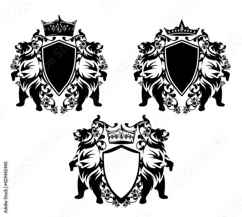 two bears standing up with heraldic shield, king crown and rose flowers decor - medieval style black nad white vector royal coat of arms design