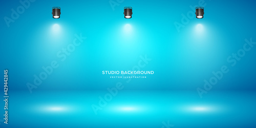 Empty blue studio abstract background with spotlight effect. Product showcase backdrop. Stage lighting. Vector illustration.