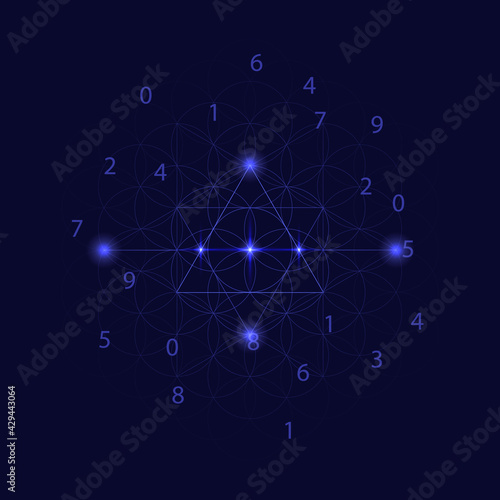 Astrology and numerology concept with zodiac signs and numbers over starry sky