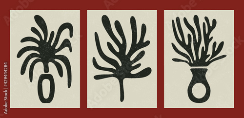 Minimalist mid century poster set. Abstract floral organic shapes contemporary aesthetic. Vector boho art illustration