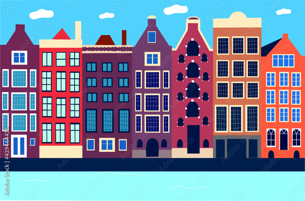Beautiful Amsterdam and its streets, sights, bicycles, tulips, bridge. Atmosphere of Holland Vector graphics