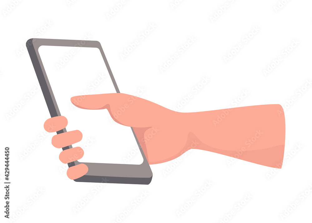 Hand holding smartphone with empty screen with space for text or label vector flat illustration isolated on white background. Phone in man arm. Right hand holds modern mobile phone with blank screen. Hand holding smartphone with empty screen with space for text or label vector flat illustration isolated on white background. Phone in man arm. Right hand holds modern mobile phone with blank screen.