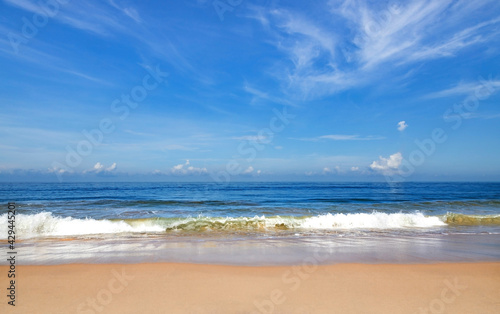 Phuket beach sand and sky in Thailand. Crystal clear water and the sky. Landscape view of beach in summer day morning.