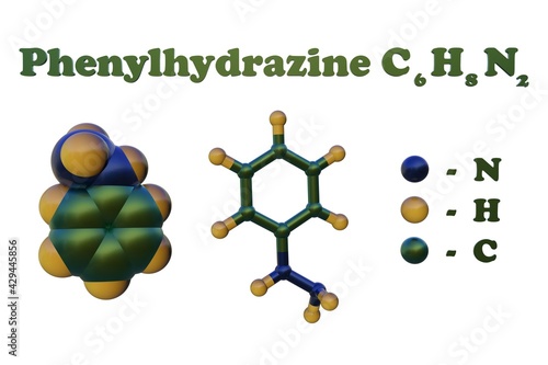 Structural chemical formula and molecular model of phenylhydrazine, a monophenyl derivative of hydrazine. Toxic by ingestion, inhalation and skin absorption. 3d illustration photo