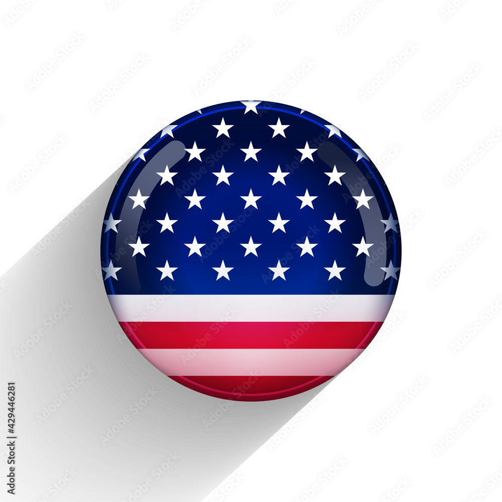 Glass light ball with flag of USA. Round sphere, template icon. American national symbol. Glossy realistic ball, 3D abstract vector illustration highlighted on a white background. Big bubble Glass light ball with flag of USA. Round sphere, template icon. American national symbol. Glossy realistic ball, 3D abstract vector illustration highlighted on a white background. Big bubble