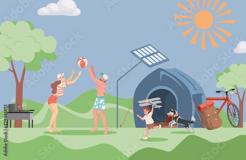 Happy smiling family spending time together outdoor at summer camping vector flat illustration. Mother and father playing with ball, little girl with dog playing toy airplane.
