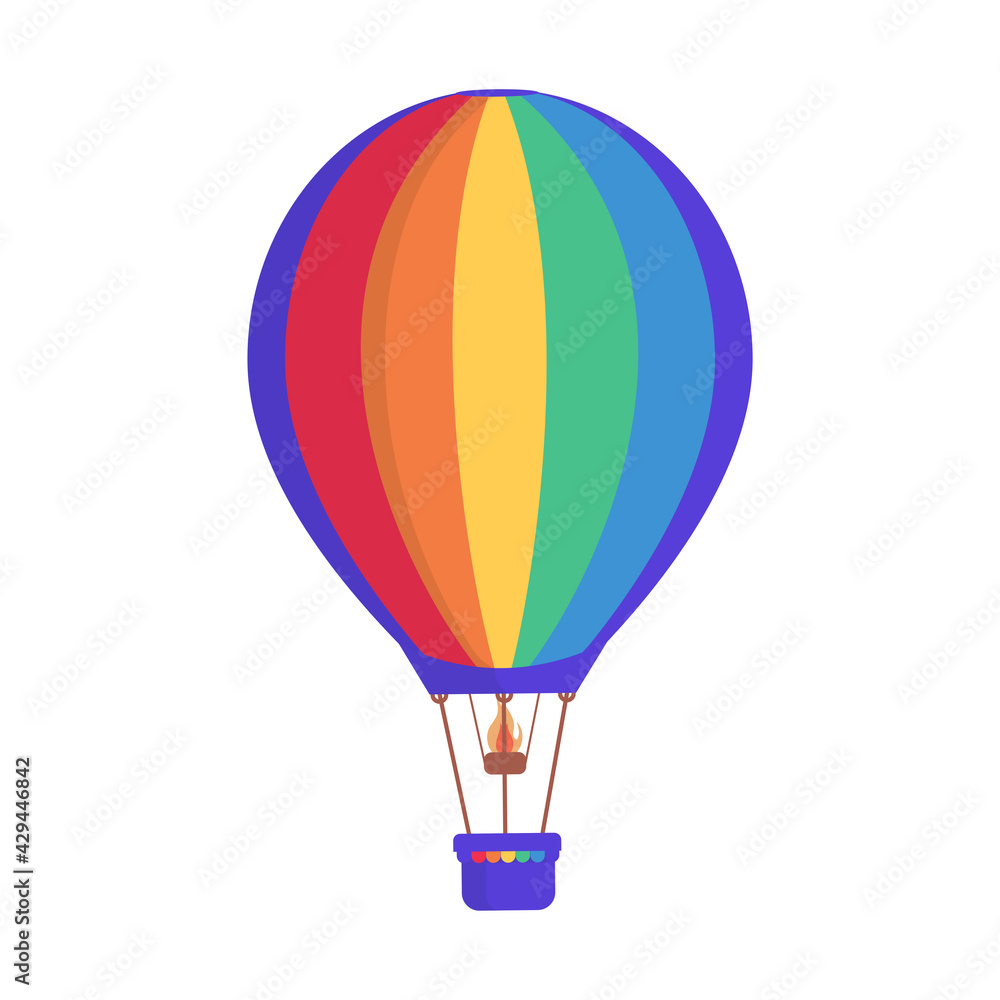 Fototapeta premium Hot air balloon with colorful rainbow stripes vector flat illustration isolated on white background. Air transport for travel, summer journey, perfect weekend, and seasonal recreation concept.