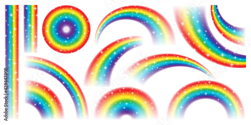 Colorful realistic rainbow collection isolated on white background. Shiny stars with glitter effect. Vector illustration.