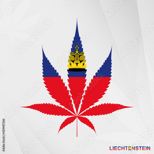 Flag of Liechtenstein in Marijuana leaf shape. The concept of legalization Cannabis in Liechtenstein.