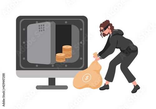 Thief woman in mask stealing money from vault vector flat illustration. Robber or burglar female character carrying bag full of stolen money from safe. Financial crime, fraud concept.
