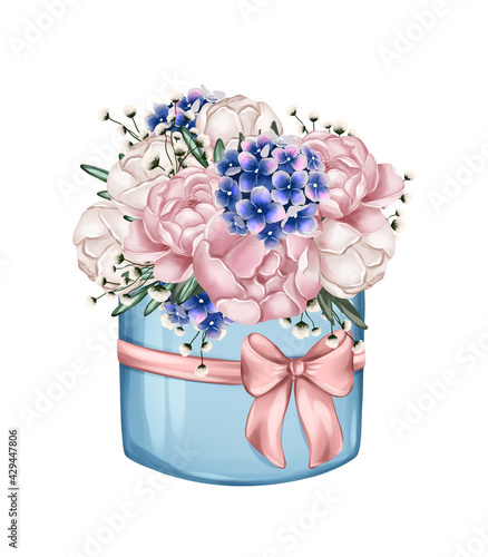 Bouquet of peonies in present box. Floral elements for your design