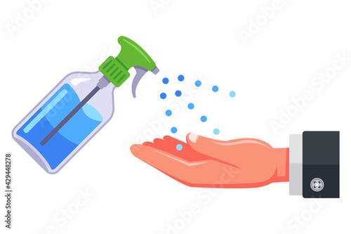 disinfection of hands with an antibacterial spray. flat vector illustration isolated on white background.