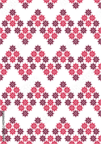 maroon and pink flowers on a white background. seamless zigzag pattern. vertical cover. a4.