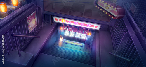 Ramen underground - Midnight, 2D Anime background, Illustration. 