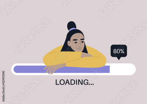 Young female Asian character leaning on a progress bar, file uploading concept