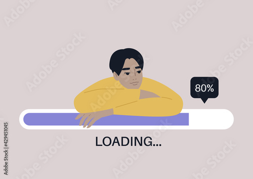 Young male Asian character leaning on a progress bar, file uploading concept