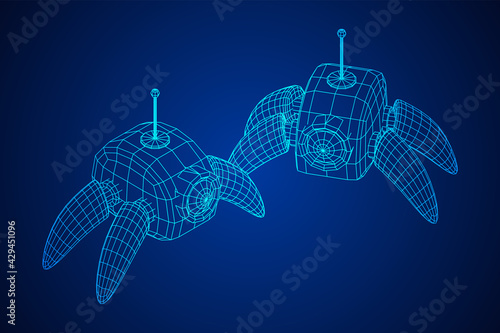 Spider robot with radar antenna. Nanobot, nanotechnology medical concept. Wireframe low poly mesh vector illustration